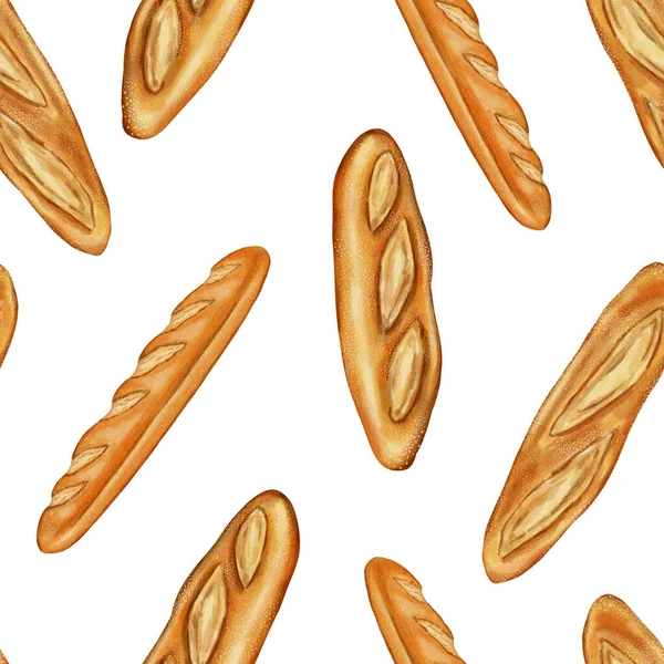 Kusursuz suluboya ekmek deseni. Beyaz Fransız ekmeği. Fırınlar, kafeler, ambalajlar, menüler, gıda markaları ve ambalajlar için mükemmel. Elle çizilmiş fırınlanmış mallar.