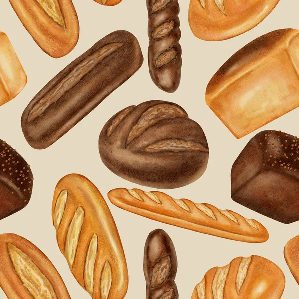 Farklı somun ekmeklerle suluboya desenleri. Beyaz ve siyah ekmek. Fırınlar, kahve dükkanları, menü tasarımı, ambalaj, mağaza markalaşması, arka plan, yemek kitapları ve tarifler için mükemmel.