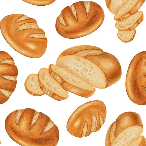 Buğday ve tahıllı kusursuz suluboya ekmek deseni. Beyaz buğday ekmeği. Fırınlar, kafeler, ambalajlar, menüler, gıda markaları ve ambalajlar için mükemmel. Elle çizilmiş fırınlanmış mallar.