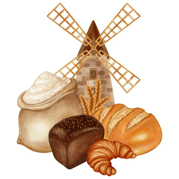 Değirmen, un, ekmek, çörek ve kruvasan içeren suluboya çizimler. Markalaştırma, paketleme ve hasat için idealdir, aynı zamanda fırın, çiftlik, organik ürünler, yemek kitapları, yemek tarifleri gibi reklamlar için idealdir.