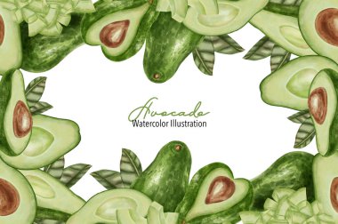 Çerçeve. Avokado çerçevesinin dilimler ve yapraklarla suluboya çizimi. Mağazalar, kafeler, ambalajlar, menüler ve pişirme, cilt bakımı ve sağlıkla ilgili ürünler için uygundur.