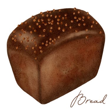 Kare bir somun çavdar ekmeğinin suluboya çizimi. Fırın markalaşması, menü tasarımı, gıda ambalajı ve sağlıklı tam tahıl kavramları için mükemmel..