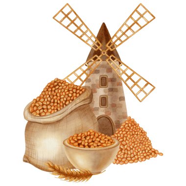 Bir köy değirmeni, çuvallar ve kaseler dolusu darı taneciklerini gösteren suluboya çizimler. Markalaşma, ambalaj ve hasat için ideal, aynı zamanda fırın, çiftlik ve organik ürünler için de..