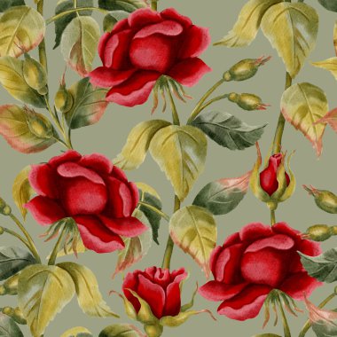 Elle çizilmiş suluboya kırmızı güllerle zarif, pürüzsüz bir desen. Sevgililer Günü için mükemmel, düğünler, romantik hediye paketleri, ve çiçek tekstil baskıları..