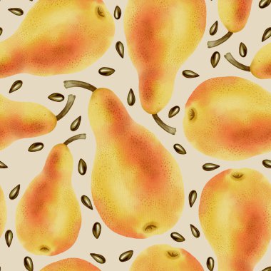 Tertemiz, el yapımı suluboya desenli, olgun sarı armutlar. Paketleme, tekstil, ambalaj kağıdı, duvar kağıdı ve kumaş tasarımları için harika bir seçim..
