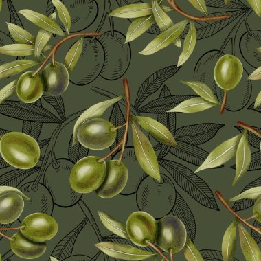 Elle çizilmiş yeşil zeytinler, zeytin dalları ve yapraklarla kusursuz bir suluboya deseni. Yeşil zeytin ve siyah bir taslak. Yemek çizimi. Kumaş, ambalaj ve tasarım için mükemmel..