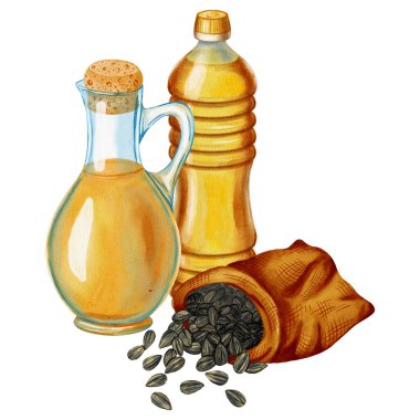 Bir şişe ayçiçeği yağı, bir ayçiçeği ve tohumlarla dolu bir jüt torbasının yer aldığı suluboya bir resim. Gıda ambalajı, organik ürün tasarımları ve tarım projeleri için mükemmel..
