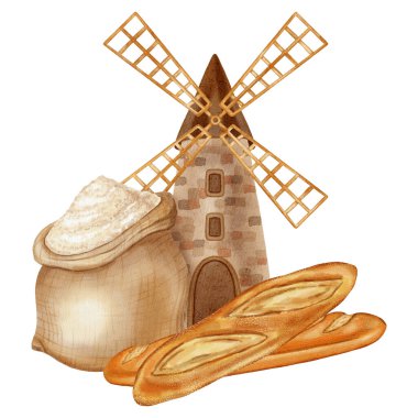 Değirmen, un, ekmek, çörek ve kruvasan içeren suluboya çizimler. Markalaştırma, paketleme ve hasat için idealdir, aynı zamanda fırın, çiftlik, organik ürünler, yemek kitapları, yemek tarifleri gibi reklamlar için idealdir.