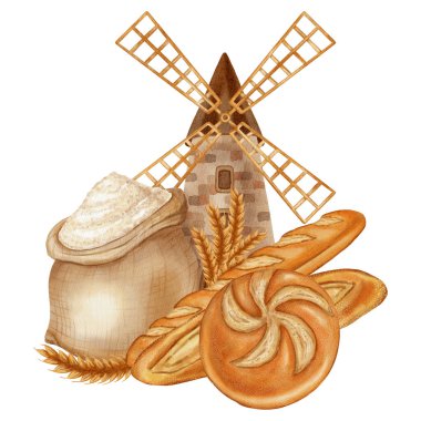 Değirmen, un, ekmek, çörek ve kruvasan içeren suluboya çizimler. Markalaştırma, paketleme ve hasat için idealdir, aynı zamanda fırın, çiftlik, organik ürünler, yemek kitapları, yemek tarifleri gibi reklamlar için idealdir.