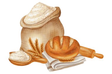 Bir çuval un, bir merdane, bir buğday kulağı ve peçetenin üzerinde bir somun taze ekmek içeren suluboya çizimi. Fırın markalaşması, menü, yemek paketleri, yemek kitapları, tarifler için mükemmel.