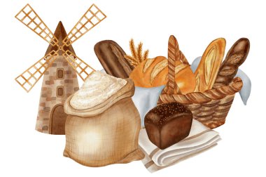 Suluboya İllüstrasyon: sepet içinde çeşitli ekmek, bir köy değirmeni ve bir çuval un. Kapsamlı fırın ve tahıl işleme markaları, menü, yemek paketleri, yemek kitapları, tarifler için mükemmel.