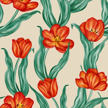 Canlı kırmızı laleler ve yeşil yapraklarla kusursuz suluboya deseni. Bahar tatilleri, Paskalya tasarımları, tekstil ve ambalaj kağıtları için zarif çiçek arkaplanı..