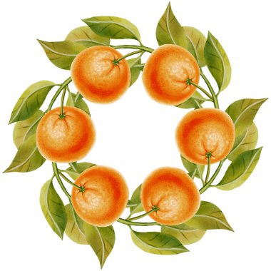 Mandarin Turuncu ve Yaprak Çelengi. Soyulmuş ve soyulmamış mandalinalar içeren dairesel bir çelengin suluboya çizimi. Yılbaşı tasarımları, ambalajlar, menüler, markalar ve yiyecek ambalajları için mükemmel.