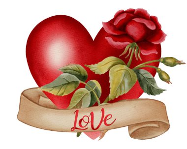 Kırmızı bir kalbin suluboya çizimi. Kırmızı güllerle çevrili ve klasik kurdeleli. Sevgililer Günü kartları, romantik kırtasiye, bayram markalaşması, ambalaj ve tekstil için mükemmel..