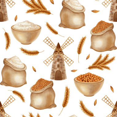 Değirmen, un çuvalları, tahıl ve buğday içeren kusursuz bir suluboya deseni. Tarım. Hasat et. Yiyecekler. Fırınlar, kafeler, menüler, ambalajlar ve tarım markaları için mükemmel..