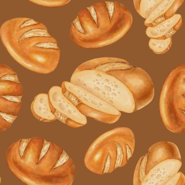 Buğday ve tahıllı kusursuz suluboya ekmek deseni. Beyaz buğday ekmeği. Fırınlar, kafeler, ambalajlar, menüler, gıda markaları ve ambalajlar için mükemmel. Elle çizilmiş fırınlanmış mallar.