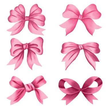 Canlı renklerde elle çizilmiş suluboya fiyonklar. Çocuk temaları, hediye paketleri, tebrik kartları, davetiyeler ve bahar ya da tatil dekorasyonu için mükemmel..