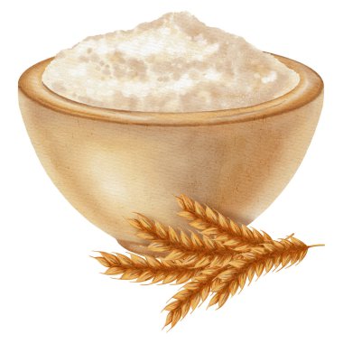 Buğday unuyla dolu bir kâseyi resmeden suluboya resim. Buğday kulakları sergileniyor. Pişirme talimatları, tarifler ve malzeme listeleri için temel bir unsur.