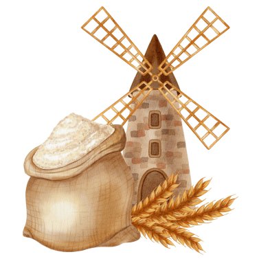 Bir köy değirmeni, çuvallar ve bir kase beyaz buğday unu resmedilmiş suluboya çizimi. Markalaştırma, paketleme ve hasat için idealdir, aynı zamanda fırın, çiftlik ve organik ürünlerin reklamları için de idealdir.