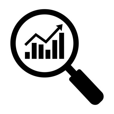 Bir bar çizelgesinin üzerinde büyüteç bulunan siyah beyaz bir illüstrasyon. Çubuk çizelgesi yükselen yükseklik çubuklarını gösteriyor ve en yüksek çubuğun üzerinde yükselen ok, büyümeyi veya olumlu ilerlemeyi simgeliyor. Görüntü izole.