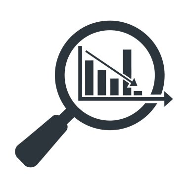 Koyu gri bir ikon, solunda bir sapı olan bir büyüteç tasvir eder. Büyüteç merceğin içinde, çubuk grafiği aşağı doğru bir eğilim gösteriyor ve çubuklar soldan sağa doğru azalıyor. Çapraz çizgi aşağı doğru işaret eder, ok ise aşağı doğru. 