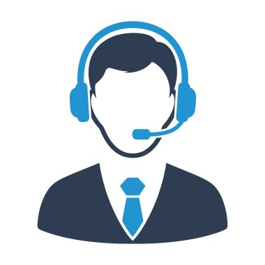 Düz dizayn ikonu, koyu mavi ceket ve parlak mavi kravat takan stilize edilmiş birini gösteriyor. Kişi kafasında mikrofon olan koyu mavi bir kulaklığa sahiptir. Simge beyaz arkaplana göre ayarlanır.