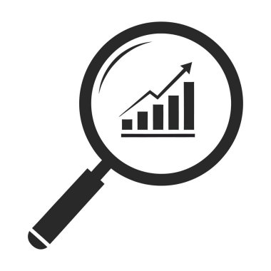 Siyah ve beyaz bir resimde siyah saplı bir büyüteç bulunur. Büyüteç merceğinin içinde yükselen yükseklik ve yükselen eğilim çizgisinden oluşan dört dikey çubuktan oluşan basitleştirilmiş bir finansal büyüme tablosu vardır. İma.