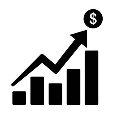 Siyah-beyaz bir resimde yükselen bir ok ve bir dolar değerindeki madeni para ile finansal büyüme tablosu görülüyor. Grafik yükselen yükseklikten oluşan dört dikey çubuktan oluşur. Resim beyaz arkaplana göre ayarlandı.