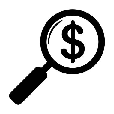 Katı siyah bir ikon saplı bir büyüteç gösteriyor. Büyüteç merceği büyük, kalın bir dolar işareti üzerine kuruludur. Görüntü beyaz bir arkaplanda. Net detaylar ve canlı renkler görsel cazibeyi artırır.