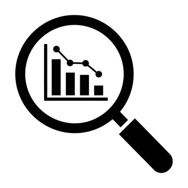 Bir büyüteçin siyah silueti, aşağı yönlü eğilimi gösteren bir bar tablosunun üzerine yerleştirilmiştir. Çubuklar yükseklikte azalıyor ve noktaları birleştiren bir çizgi de alçalıyor. Bu görüntü görsel olarak Nega 'yı analiz etme kavramını temsil ediyor.