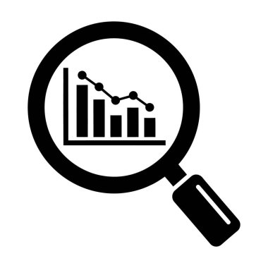 Aşağı doğru eğilim çizgisi ve noktaları veri noktalarını birleştiren bir çubuk çizelgesine sahip siyah bir simge. Grafiğin üzerine, azalan verilerin yakından incelendiğini gösteren bir büyüteç yerleştiriliyor. Görüntü beyaz arkaplanda.