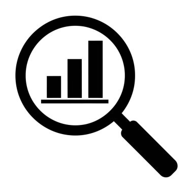 Bu beyaz arkaplanda siyah beyaz bir simge. Dairesel merceğiyle bir bar tablosuna odaklanmış bir büyüteç gösteriliyor. Çubuk çizelgesi, yatay bir çizgi üzerinde duran, kademeli olarak yükselen yükseklikte üç dikey çubuktan oluşur. Magn.