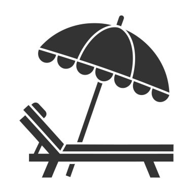 Siyah beyaz grafik bir plaj sahnesini betimliyor. Sırtüstü uzanmış bir şezlong yatay pozisyonda. Sandalyeden yukarıya doğru uzanan büyük, açık bir şemsiye gölge sağlar. Tüm illüstrasyon temiz ve minimaldi.