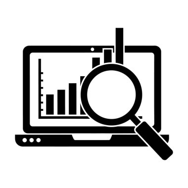Siyah beyaz bir simge, ekranı çubuk grafiği olan bir dizüstü bilgisayar gösterir. Grafiğin üzerine bir büyüteç yerleştiriliyor. Analiz ya da araştırma yapılmasını öneriyor. Dizüstü bilgisayar kapağı açık olarak tasvir edilir, ve büyüteç t üzerine odaklanmak için yerleştirilmiştir