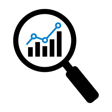 Siyah beyaz bir ikon siyah kenarlı ve saplı bir büyüteç içerir. Büyüteç merceğinin içinde, üzerinde veri noktaları ve yükselen eğilimi gösteren mavi bir çizgi grafiği bulunan bir çubuk grafik görülebilir. İllüstrasyon ayarlandı.