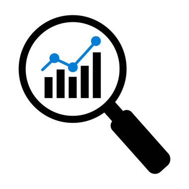 Siyah beyaz bir ikon siyah kenarlı ve saplı bir büyüteç içerir. Büyüteç merceğinin içinde, üzerinde veri noktaları ve yükselen eğilimi gösteren mavi bir çizgi grafiği bulunan bir çubuk grafik görülebilir. İllüstrasyon ayarlandı.