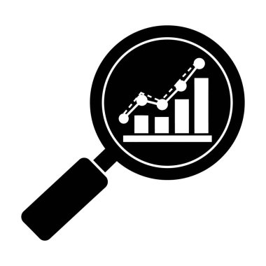 Bir bar çizelgesi ve çizgi grafiğinin üzerinde duran büyüteç içeren siyah beyaz bir ikon. Grafikler yükselen bir eğilim gösteriyor, bu da büyüme ve ilerlemeyi gösteriyor. Simge beyaz arkaplanda sunuluyor.
