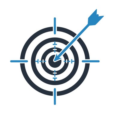 Koyu mavi ve siyah daireli okçuluk hedefinin grafiksel bir çizimi. Parlak mavi bir ok tam olarak hedefin ortasına saplanmış. Yatay ve dikey açılar görülebilir, bu da kesin bir hedef olduğunu gösterir..