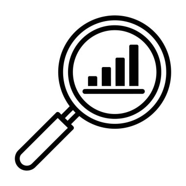 Siyah-beyaz bir büyüteç simgesi ve sapı var. Büyüteç merceğinin dairesel merceğinde, yükselen yükseklikte dört dikey çubuklu basitleştirilmiş bir çubuk çizelgesi gösterilir. Görüntü beyaz arkaplanda.