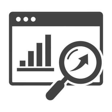 Yükselen bir ok ile bir çubuk grafiğini gösteren web tarayıcı penceresini temsil eden koyu gri bir simge. Grafiğin üzerine bir büyüteç yerleştiriliyor, bu da büyüme analizini ya da araştırmasını gösteriyor. Arkaplan beyaz.