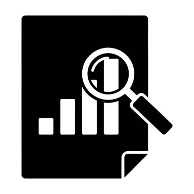 Finansal veri analizini temsil eden siyah beyaz bir simge. Sergide üzerinde bir bar tablosu ve bir büyüteç bulunan bir belge yer alıyor. Grafik basit ve cüretkar, finansal bilgileri incelemek için katı şekiller kullanıyor.