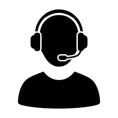 Siyah bir siluet ikonu, mikrofonlu bir kulaklık takan stilize edilmiş bir insanı tasvir ediyor. Simge, genellikle müşteri desteği, çağrı merkezleri veya çevrimiçi hizmetlerle ilişkili bir kullanıcı veya operatörü temsil eder. Bir çırpıda sunulur.