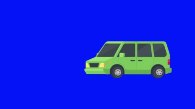 Saf mavi ekran arkaplan üzerinde hareket eden yeşil bir minivanın yan görüntüsü, temiz, düz 2B vektör animasyon tarzında sunulmuştur.