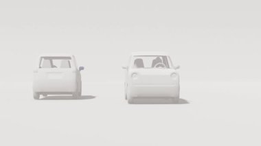 Üç boyutlu animasyon, temiz ve nötr bir arkaplana karşı yerleştirilmiş iki adet beyaz, minimalist araba modelini gösteriyor..