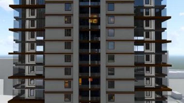 Camdan balkonları ve yapısal detayları olan çağdaş bir ön cephe tasarımının yer aldığı modern yüksek katlı bir apartmanın 3 boyutlu mimari tasviri..