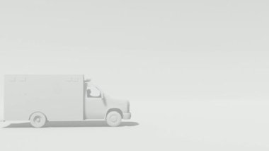 Lojistik ve ulaşım kavramlarını temsil eden, beyaz bir minibüsün temiz ve sağlam beyaz bir arkaplanda hareket eden minimalist bir 3D animasyonu..
