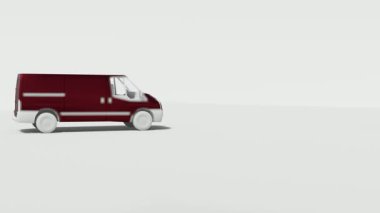 3D animasyon kırmızı bir minibüs. Temiz, minimalist beyaz bir arkaplanda ilerliyor. Lojistik ve ulaşım kavramları için mükemmel..