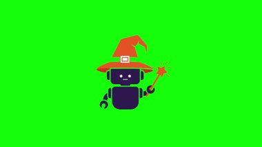 A cute cartoon robot wearing a wizard hat and holding a magic wand, isolated on a bright green screen background for easy chroma key compositing.