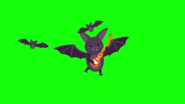 A cute animated bat character playing an acoustic guitar against a vibrant green screen background, perfect for creative projects.