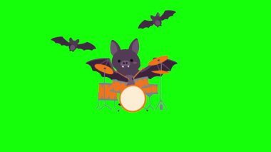 Krom anahtar yeşil ekran arka planına karşı davul çalan sevimli bir canlandırma karakteri, Cadılar Bayramı projeleri için mükemmel..